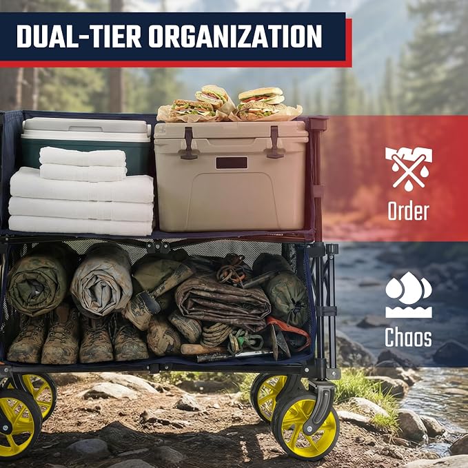 Sekey 500LBS Heavy Duty Double Decker Wagon with Extender, 400L Large Capacity Collapsible Garden Cart Fits 10x10 Canopy, All-Terrain Big Wheels with Brakes, Foldable Utility Wagon for Sports, Camping