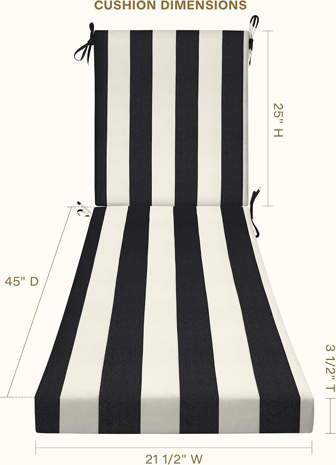 Honeycomb Outdoor Chaise Lounge Cushion for Patio Furniture, Water & Fade Resistant, Removable Cover, 21.5 x 70, Heritage Cabana Stripe Black and Ivory