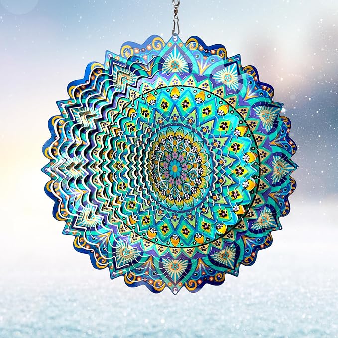 Wind Spinner Mandala Peacock - 12In Laser Cut Stainless Steel Wind Spinners Outdoor, 3D Kinetic Hanging Sculpture, Rustproof Metal Garden Decor Yard Art, Unique Gift for Women, Men, Holidays