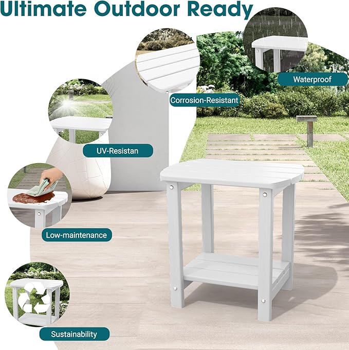 THOEOE Adirondack Outdoor Side Table, 2-Tier Sturdy Patio End Table Weather Resistant, Morden Side Table for Patio, Pool, Porch, White