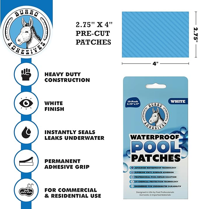Burro Adhesives 10-Pack Waterproof White Pool Patches - Professional Grade PVC Repair Kit with 2.75" x 4" Heavy Duty Patches for Commercial & Residential Vinyl Liner Pools, Works Underwater & Dry