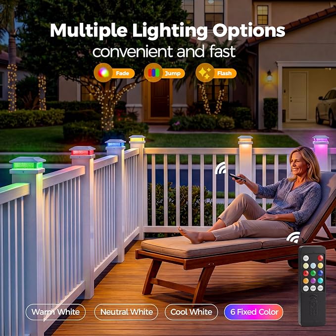 JOFIOS Solar Post Cap Lights, LED, Multi-Color, Plastic, Classic Style, Waterproof IP65, for 4/4.5/5 Inch Posts, Outdoor Patio (6, White)