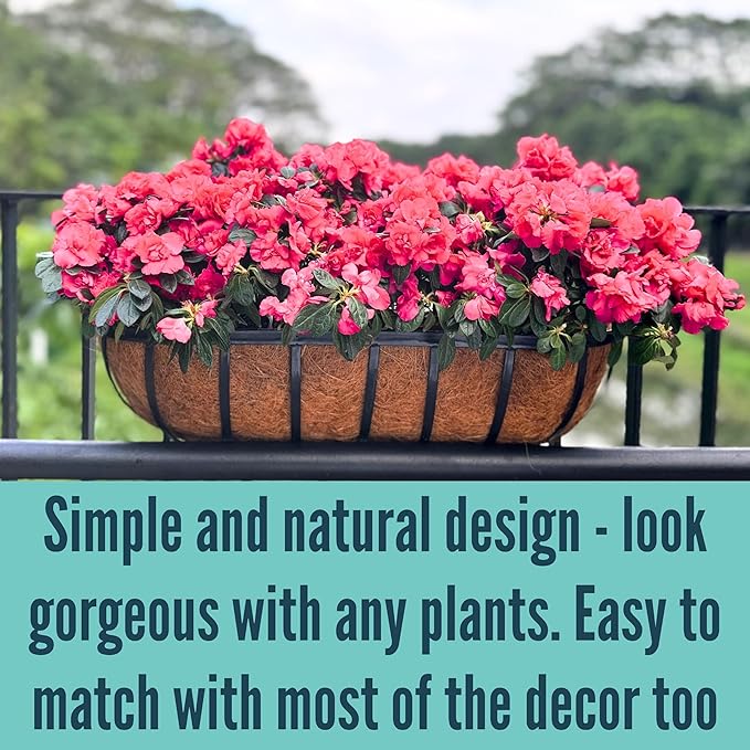 LaLaGreen Deck Railing Planter Boxes for Plants (24 Inch, 2 Pack) Black Metal Wall Planters for Outdoor Plants, Window Flower Box Deck Railings with Coco Liner, Fence Balcony Patio Porch Over Rail