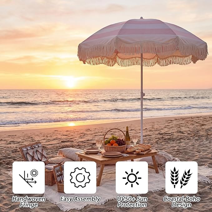 6.5 Ft Fringe Patio Umbrella and 71"x 91" Extra Large White Picnic Blanket UPF50+ Outdoor Tassels Ruffles Beach Umbrella with Steel Pole for Camping Patio Lawn Beach Park