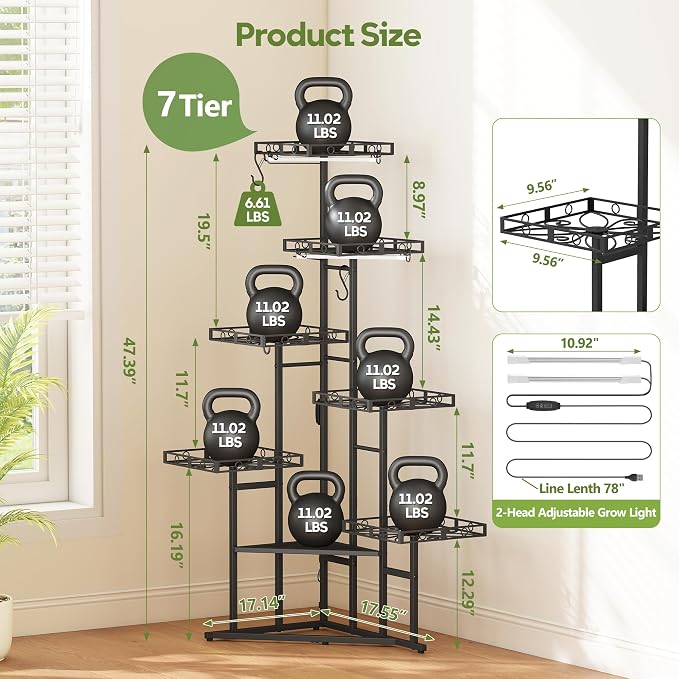 Quikraen 46" Tall Plant Stand Indoor with 2-Head Grow Lights,Multiple Tiers Corner Plant Shelf for Corner,7-Tier Large Metal Flower Holder, Plant Rack for Home Decor, Patio (Black)