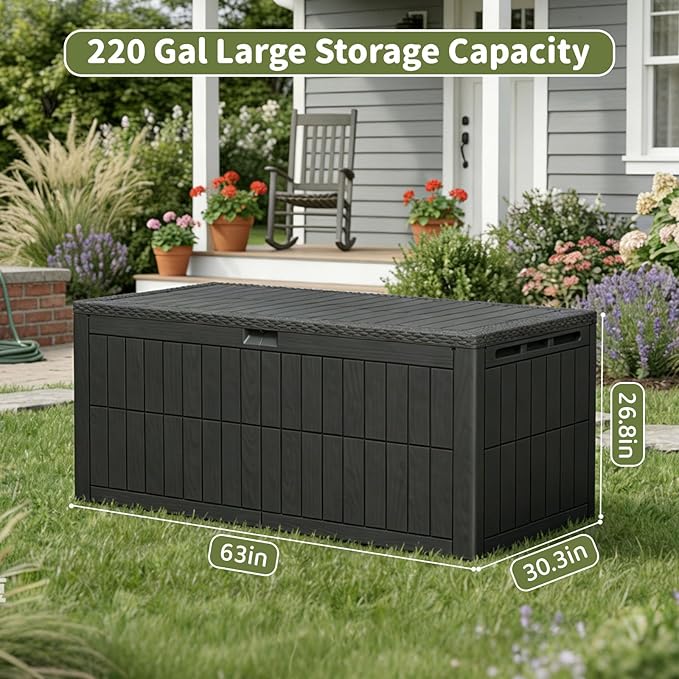220 Gallon Outdoor Storage Box, Waterproof Lockable Resin Deck Box for Patio Furniture Cushions, Garden Tools, Pool Supplies, Extra Large Patio Storage Chest with Double Wall Design, Black