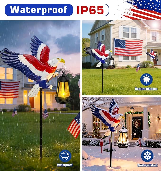 ZFNN 4th of July Decorations Outdoor Solar Lights, Solar Eagle Garden Lights with Lantern, Patriotic Eagle Stake Light for Yard Lawn Garden Patio, Patriotic Decor for Memorial Day Veterans Day 2 Pack