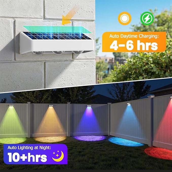 NIORSUN Solar Fence Lights, 12 Pack LED Outdoor Solar Deck Lights with Lenses, RGB Color, IP65 Waterproof, Solar Lights for Outside, Wall, Patio, Railing, Yard (White)