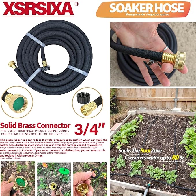 50FT Heavy Duty Soaker Hose – 1/2" Ultra-Flexible Rubber with Reinforced Core, 20% Stronger Stretch & Even Water Flow for Gardens, Lawns, Raised Beds (Drip Irrigation Hose)