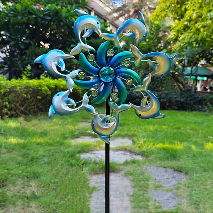 COOZZYHOUR 39" Dolphin Wind Spinners Metal Windmill Garden Stake,Ocean Theme Outdoor Wind Spinner,Wind Sculptures Yard Art Decorations for Patio,Lawn & Garden Decor