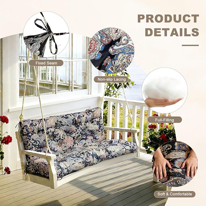 Porch Swing Cushion with Backrest,Waterproof Bench Cushion for Outdoor Furniture,2-3 Seater Replacement Thickened Swing Cushion with Ties,Patio,Outdoor,Backyard and Garden (Vintage Paisley,47x40")