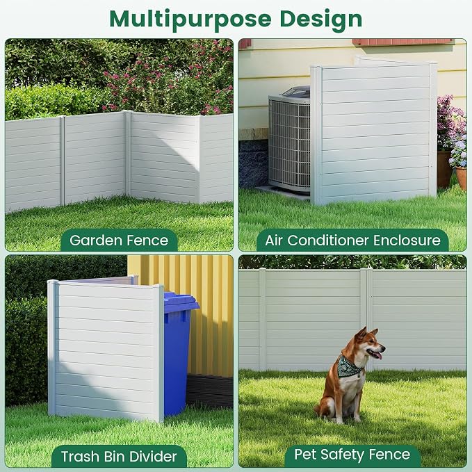 HAPPYGRILL Air Conditioner Fence, 4 Panels Outdoor Privacy Fence Screen w/6 Stakes, 48''W x 48''H PP Pool Equipment Enclosure Trash Can Screen, Decorative Garden Fences for AC Unit Patio Lawn, White