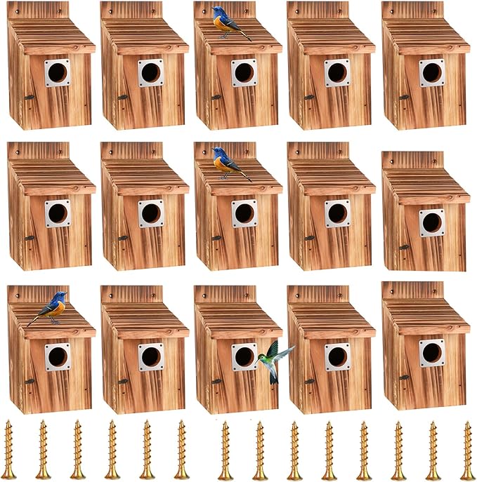 16-Piece Outdoor Bird House Set, Bird Houses for Outside with Metal Guards, Safety Locks, Flight Slots, & Ventilation, Bluebird Houses with 1-1/2" Entrance for Bluebirds, Wrens, Finches-16pack