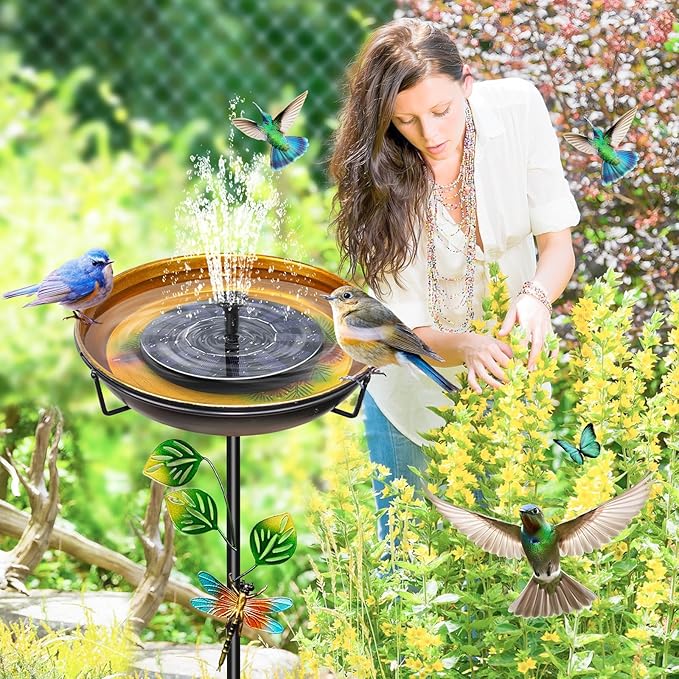 Metal Bird Bath for Outside, Freestanding Garden Birdbaths & Birdfeeder with Upgraded 5 Prongs Base, 35.4In Bird Baths Feeder Water Bowl for Outdoors Patio Yard Lawn Art Decor (Orange-Yellow)