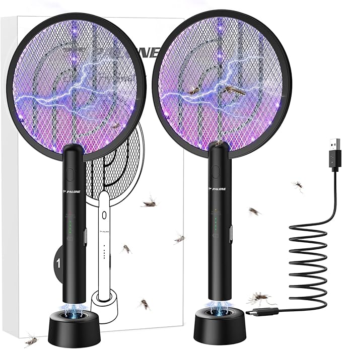 Electric Fly Swatter PALONE, 4000V Dual Modes Bug Zapper Racket, Mosquito Killer with Type-C Charging Dock, Insect Zapper with 3-Layer Safety Mesh Electric Fly Swatter for Indoor/Outdoor, Black 2 Pcs