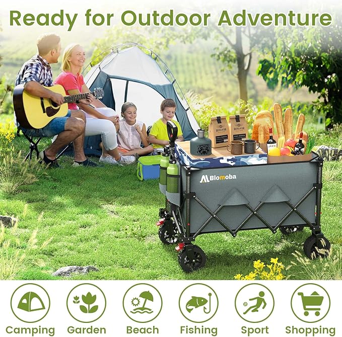 Blomoba Collapsible Wagon Cart, 150L Heavy Duty Foldable Beach Wagon with Wider Wheels & Auto-Rebound Handle, Utility Grocery Shopping Cart for Garden, Shopping, Camping, Sports, Gray