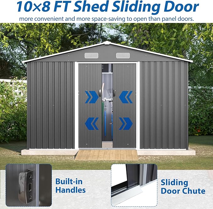 KEIKI Storage Shed 10x8 FT, Large Metal Tool Shed for Outdoor Storage, Galvanized Steel Garden Shed with Lockable Sliding Doors for Patio, Backyard, Lawn, Grey