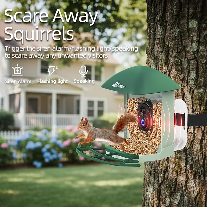 Smart Bird Feeder with 4MP HD Camera, Birdwatching Camera with Free AI Identify Birds & Solar Panel for Outdoors, Auto Video Capture & Instant Notifications, Green