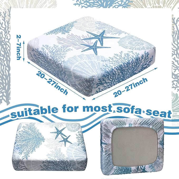 Hosuly 8 Pcs Summer Sofa Cushion Cover Patio Stretch Beach Outdoor Seat Cushions Covers Starfish Seashell Coral Replacement Couch Chair Slipcovers Coastal Sofa Seat Cover Flexibility