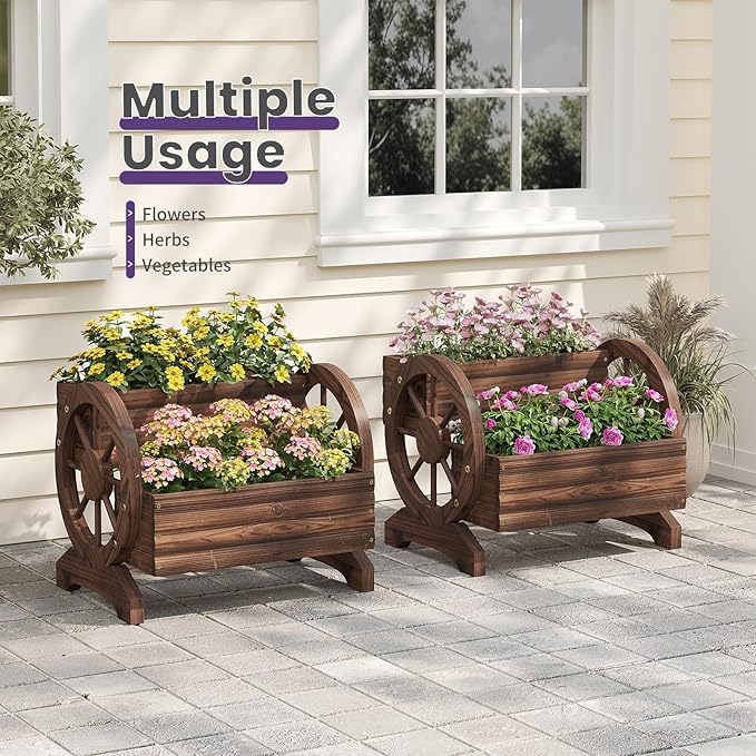 Wooden Wagon Planter Flower Cart Farm Stand Garden Decor Planter for Outdoor Patio Balcony Decoration,Rustic Farmhouse Wishing Well Decor Succulent Planter Indoor Backyard (Carbonized)