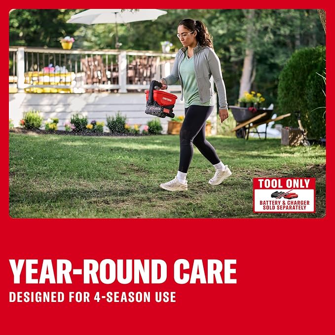 Craftsman V20 Four Season Seed Spreader Handheld, 1.2 Gal, 6 Speed, Fertilizer Spreader, Salt, Ice Melt, Covers up to 5,000 sqf per Tub, Tool Only (CMCOE300B)