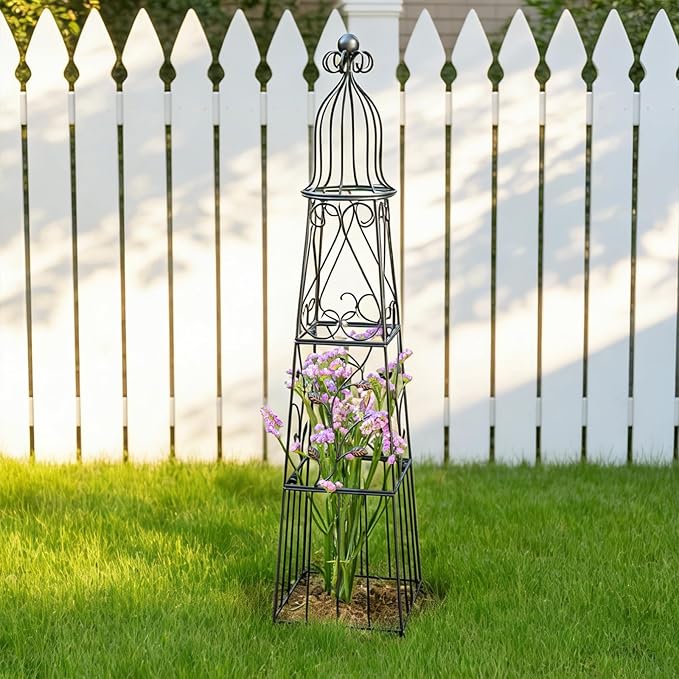 51-Inch Vintage Metal Garden Obelisk Trellis - Sturdy Climbing Plant Support for Roses, Bougainvillea, Vines & Potted Plants - Elegant Design for Gardens & Patios