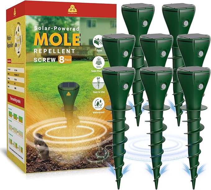 Solar Powered Mole Repellent for Lawns, 8 Packs Ultrasonic Vole Repeller Outdoor, IP 65 Waterproof Outdoor Ultrasonic Mole Deterrent Get Rid of Gopher Vole Skunk Groundhog Snake in Garden Yard Lawn