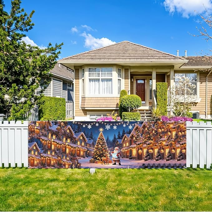 10x3 ft Extra Large Merry Christmas Banner Outdoor Santa Claus Elk 115''x35'' Merry Christmas Decorations for Fence Outside Banner for Garden Party