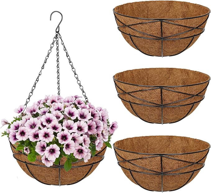 4 Pack 12 inch Metal Hanging Baskets for Plants Outdoor Metal Wire Hanging Basket Planter with Coco Fiber Liners Flower Pots for Home Porch Garden Patio, Diamond-Shaped