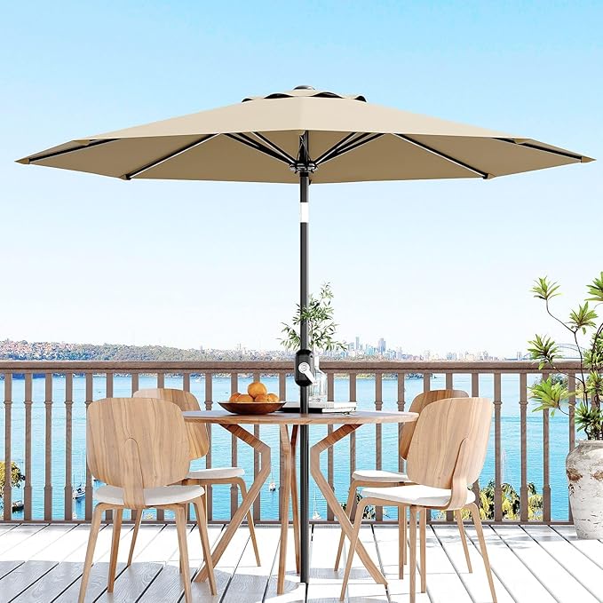 Garvee 10 ft Patio Umbrella - 8 Sturdy Ribs Outdoor Table Umbrella with Crank Lift & Push Button Tilt - Market Umbrella for Pool, Deck, Yard, Garden - Tan