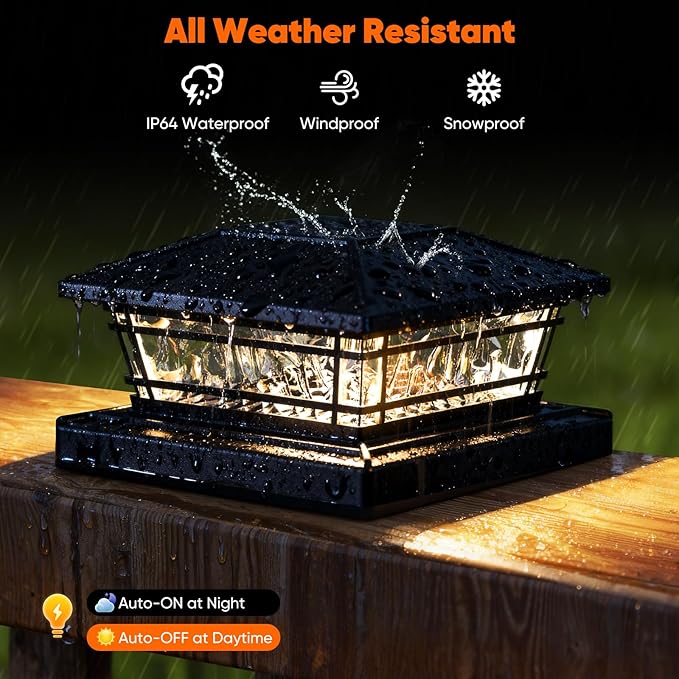 Solar Post Cap Lights Outdoor with 8 RGB Solid Colors & Color Changing,Fence Post Solar Lights for Porch Patio Yard, Waterproof Deck Post Solar Lights for 4x4 5x5 6x6 Vinyl/Wooden Posts, Black