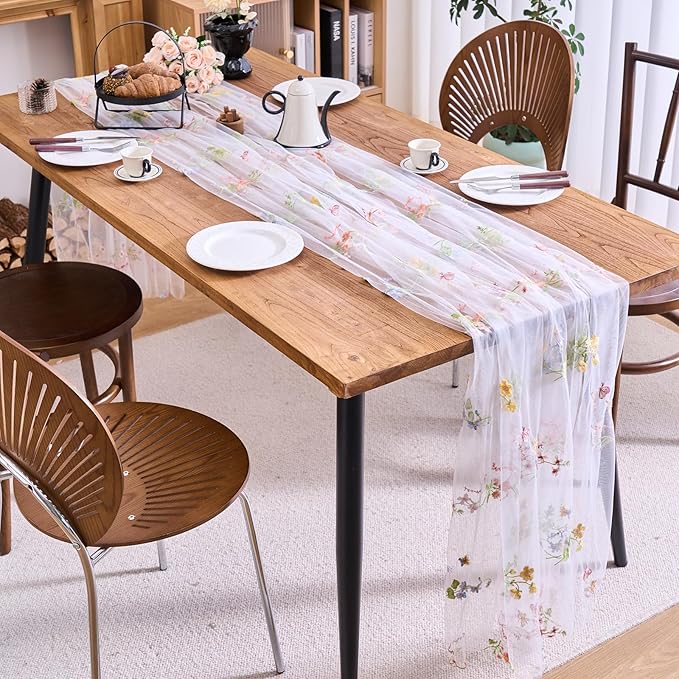 vctops 2 Packs Embroidery Lace Spring Table Runner 10ft Floral Garden Seasonal Tulle Table Runner Holiday Kitchen Dining Table Decoration for Wedding Party Baby Shower Birthday (White,30"x120")