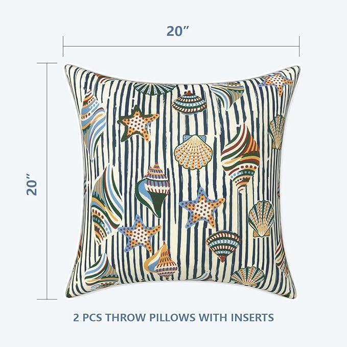 LVTXIII Outdoor Throw Pillows 20x20 Patio Waterproof Square Pillows with Piping Fade Resistant Accent Pillow for Spring Summer Garden Decoration, Set of 2, Crayon Shells