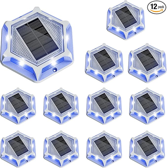 VOLISUN Solar Driveway Lights Dock Outdoor Waterproof Marker Lights,12 Pack Solar Deck Lights 2 Colors in 1 Led Wireless IP67,Solar Blue Deck Lights for Sidewalk Pathway Yard(White/Blue),Auto On/Off