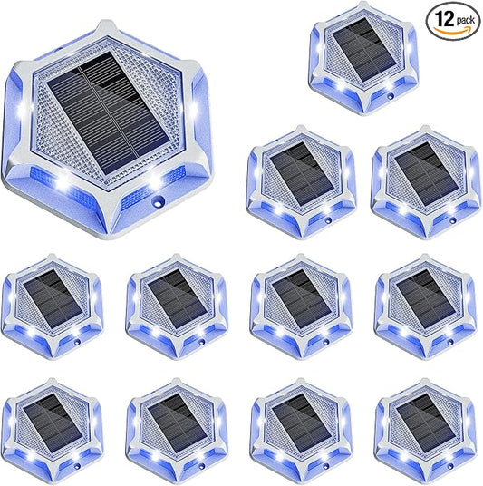VOLISUN Solar Driveway Lights Dock Outdoor Waterproof Marker Lights,12 Pack Solar Deck Lights 2 Colors in 1 Led Wireless IP67,Solar Blue Deck Lights for Sidewalk Pathway Yard(White/Blue),Auto On/Off