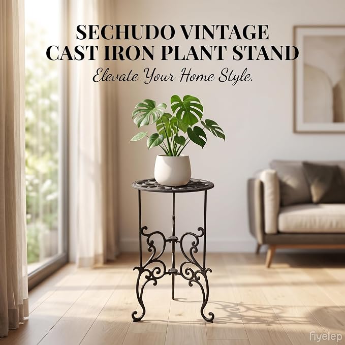 Vintage Scrollwork Cast Iron Plant Stand, Black, 22.6 x 9.3 x 22 Inch, Heavy-Duty Oval Top, Indoor Outdoor Use (19.3" Tall Circular Pattern)