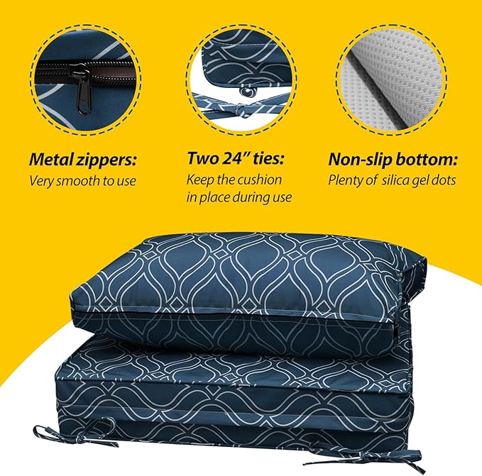 AAAAAcessories Outdoor Seat Cushions for Chairs, Fade-Resistant, Waterproof Patio Furniture Replacement Cushions, 23" x 23" x 5" + 23" x 13.5", Slate Blue Vine Trellis