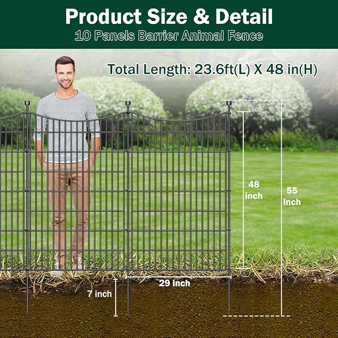 10 Panels No Dig Dog Fence Outdoor for Yard, 48 in(H) X 23.6 ft(L) Decorative Tall Garden Fence Animal Barrier, Rustproof Metal Wire Garden Edging and Borders, Temporary Fencing Stakes