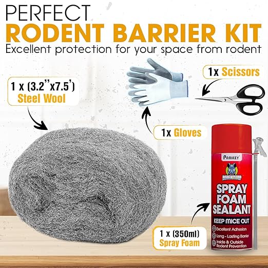 [Upgraded] Rodent Barrier Kit, Steel Wool Included PU Spray Foam Hole Filler for Mice Control 3.2"x7.5’ Rodent Control Fill Fabric, Gloves, Scissors,Gap Blocker in Hole Pipeline Vent in House, Garage
