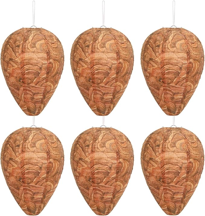 DECYOOL 6 Pack Paper Wasp Nest Decoy Hanging Wasp Nest Stay Away from Wasps Hornets Yellow Jackets(Reddish Brown)