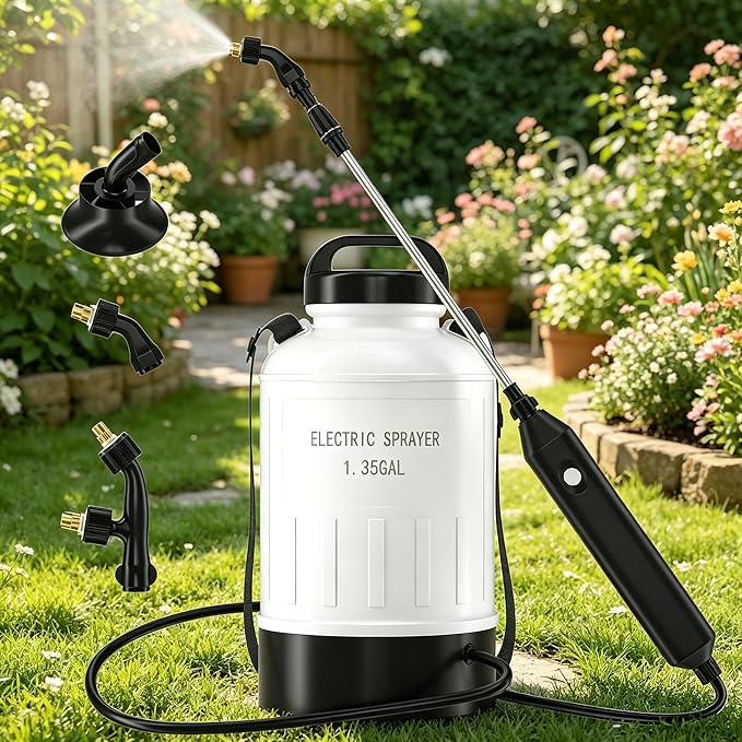 Battery Powered Sprayer 1.35 Gallon, Wide Mouth Electric Pump Sprayer with Upgraded Elevated Base and Thickened Anti-Abrasion Tank, Kink Proof Hose, Retractable Wand, 3 Nozzles Lawn and Garden