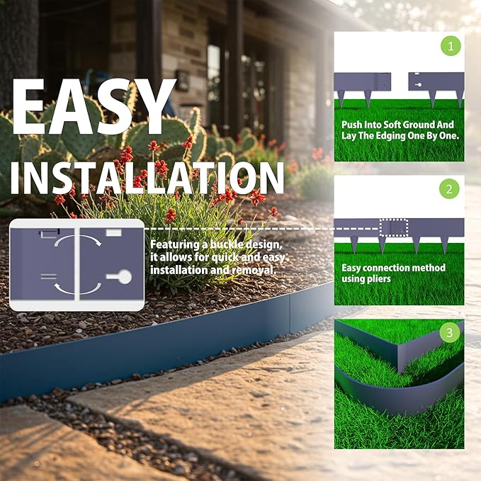 STIRLINGEAR 6 Pack Metal Landscape Edging- 40" L x 8" H (20ft Total) Lawn Edging, Garden Border Edging, Metal Edging for Landscaping with Gloves (Gray-Blue)