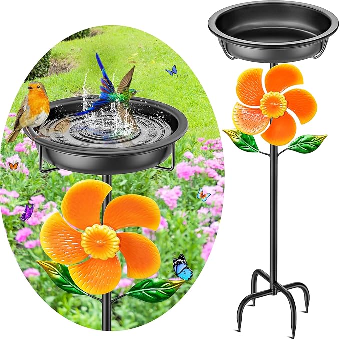 Metal Bird Bath for Outside Feeder Bowl, Detachable Birdbath & Birdfeeder with Base Stake, Vintage Birds Baths for Outdoors Garden Yard Lawn Decor (Black+Windmill)