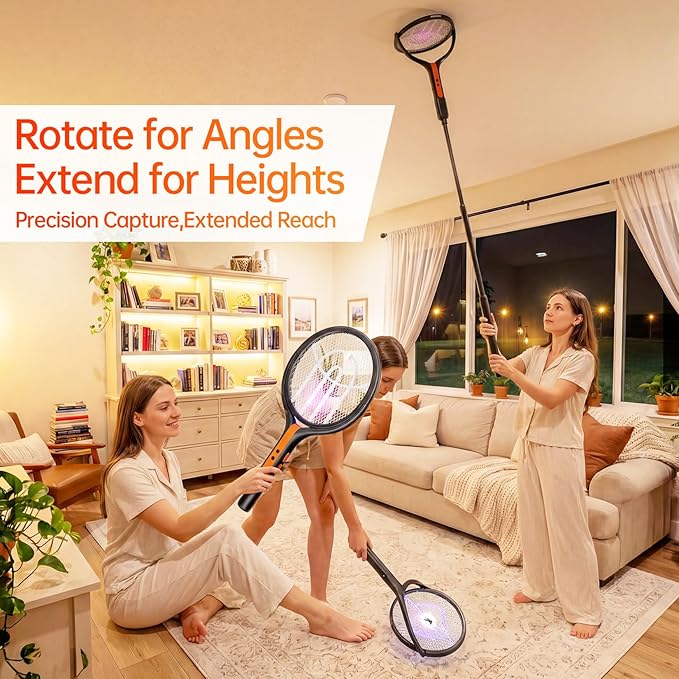 Rotating Head Electric Fly Swatter, 2800V Bug Zapper with Telescopic Extension, 3-in-1 Rechargeable Mosquito Racket for Handheld/Standing/Wall Mount Use - Indoor Outdoor