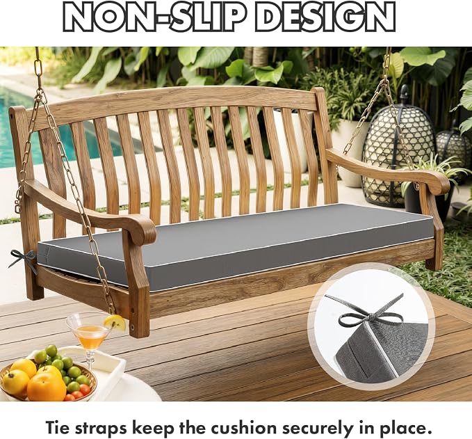 MIULEE Dark Grey Outdoor Bench Cushion 45x18x3 Inch Waterproof 3-Year Color Fastness Patio Furniture Cushions for Porch Swing, Garden Bench Sofa Couch with Adjustable Ties No Slip Design