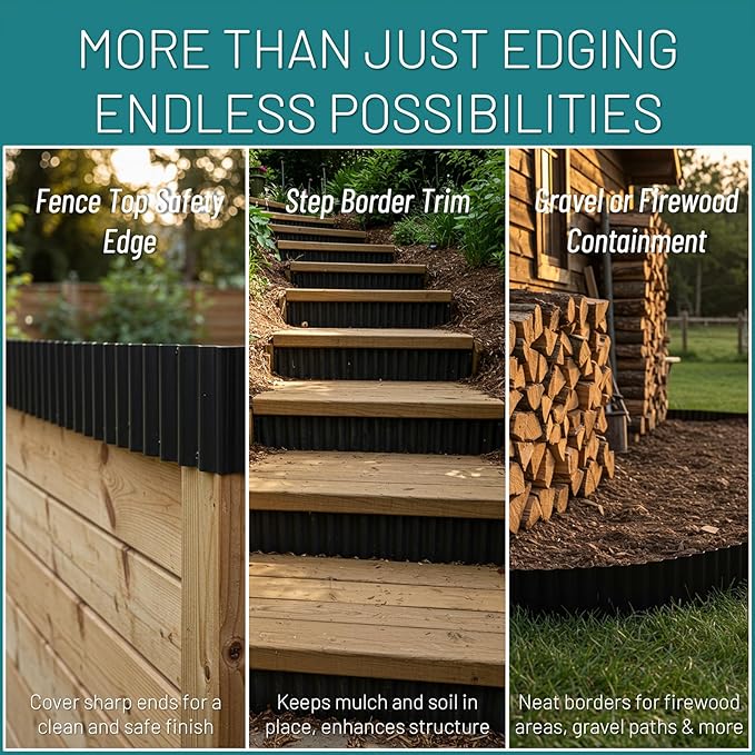 50FT Black Corrugated Metal Landscape Edging – Flexible & Rustproof Garden Edging Border, Decorative Metal Trim for Flower Beds, Lawn, Driveway, Walkway & Raised Beds