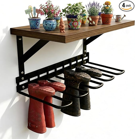 Decoroca Wall Mount Boot Rack, Garden Tool Organizer With 5 Curved Hooks & Wood Shelf, Heavy Duty Wader Boot Hangers Organizer Rack Trays for Outdoor/Indoor, Garden, Garage (4 Pack)