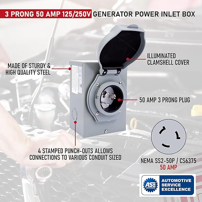 50 Amp Generator Inlet Box - NEMA SS2-50P Power – Waterproof Outlet - RV Outdoor/Indoor Weatherproof Use - 125/250V, Up to 12500 Watts – 3R Plug, ETL Listed