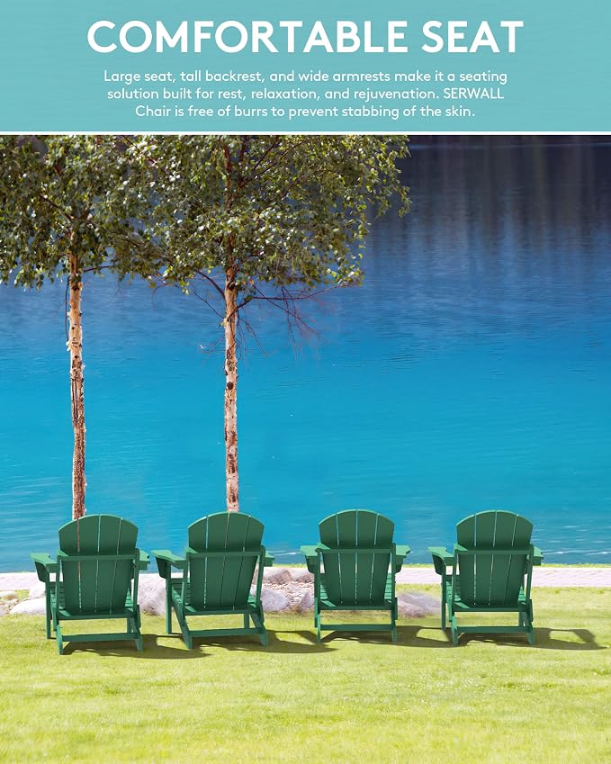 SERWALL Foldable Adirondack Chair Set of 4, Weather Resistant HIPS Patio Chairs with Cup Holder for Garden Outdoors Fire Pit Chairs-Green
