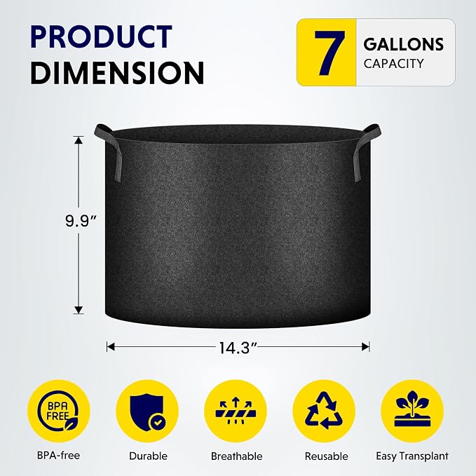 iPower 7 Gallon 5 Pack Grow Bags Nonwoven Fabric Pots Aeration Container with Strap Handles for Garden and Planting, 5-Pack Black, 7 Gallon